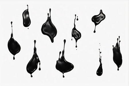 Black Liquid Storm: Mesmerizing Collection of Oil Splashes and Droplets in a Transparent Backgroundの素材