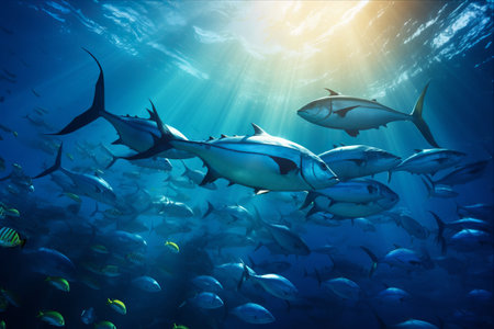 Exploring the Mesmerizing Depths: A Visual Journey through the Underwater Wild World of Tuna School Fishes and Sun Raysの素材