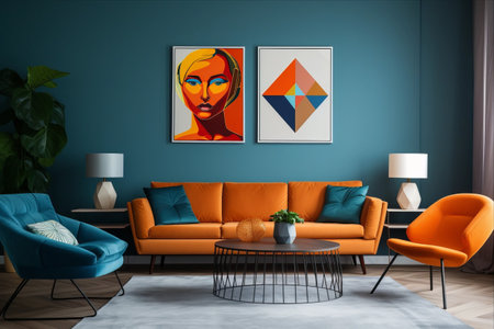Harmonious Fusion: A Minimalist Living Room Infused with Blue, Green, and Orange Elementsの素材
