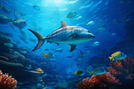 Exquisite School of Tuna Fish: A Captivating Glimpse into Underwater Wildlife at the Vibrant Coral Reefの素材