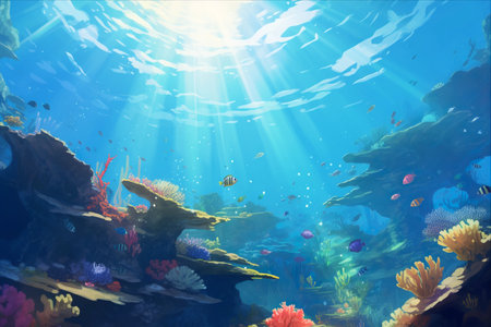 The Majestic Underwater World: A School of Fish Lively Above a Vibrant Coral Reef Bathed in Sunlightの素材
