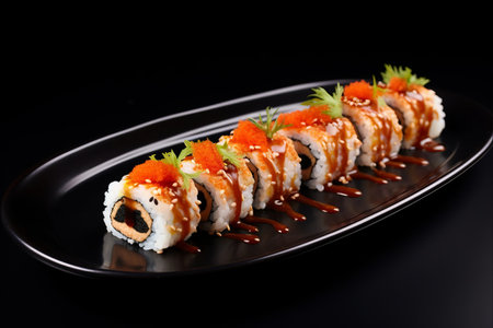 Elegant Presentation: Ura Maki Delicacy on a Black Plate, Adorned with Soy Sauce, Embraced by a Serene White Background [AR 3:2]の素材