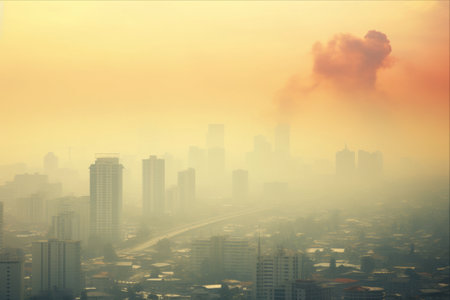 Choking Cities: The Ominous Haze Blurring Urban Landscapes Reveals Unleashed Air Pollutionの素材