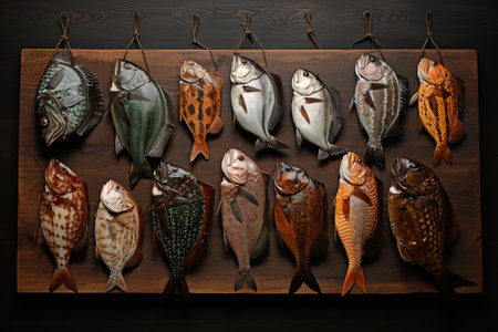 Captivating Array of Fish on a Stunning Wooden Board â AR 3:2の素材