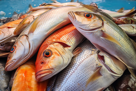 Delightful Variety of Fresh Fish for Sale in Bustling Fish Market -AR 3:2の素材