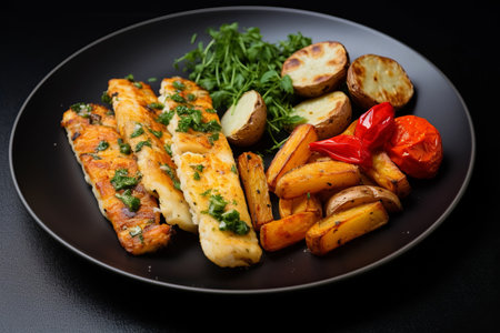 Diving into the World of Vegan Delights: Indulge in Plant-Based Fish and Fishless Fingers Accompanied by Roasted Vegetablesの素材