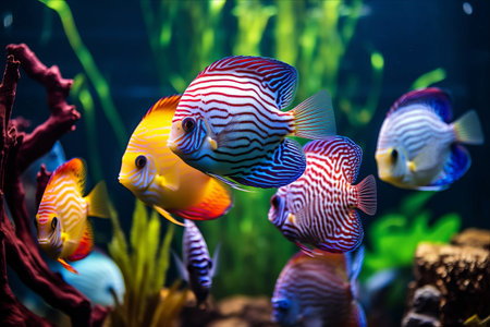 The Mesmerizing Underwater Ballet: Vibrant Colors of Discus Fish, Cichlids, Pompadour, and Symphysodon Species in the Aquarium of Phuketの素材