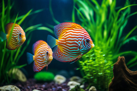 Graceful Discus Fish Amidst Lush Aquatic Paradise: A Tropical Hobbyist's Dreamの素材
