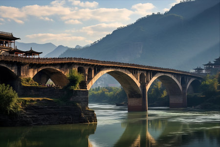 Captivating Glimpse of the Timeless Shuanglong Bridge: A Serene Journey across Yunnan Province's River -- AR 3:2の素材