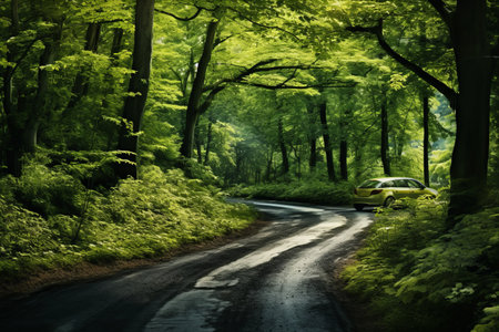 Driving Towards a Sustainable Future: Exploring the Serene Fusion of Nature and Green Transportation on Forest Roadの素材