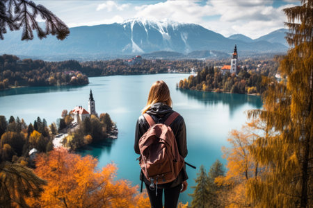 Bled lake in Slovenia, Europe. Young woman with backpack standing on the edge of the lake and admiring the view of the Bled Castle.の素材