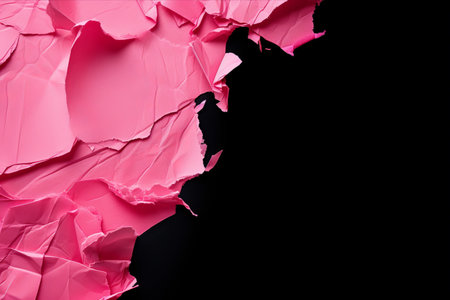 Pink torn paper isolated on black background with copy space for text.の素材