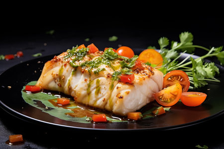 Fish fillet with sauce and vegetables on a black background. Restaurantの素材