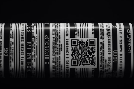 Digital composite of QR code on black background. Black and white.の素材
