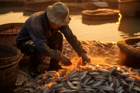 Fishermen drying fish in the sun on the beach in Vietnamの素材