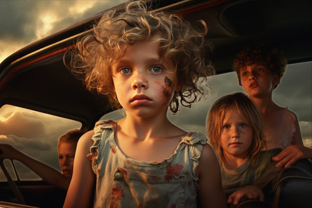 Portrait of a little girl in the car with her friends.の素材