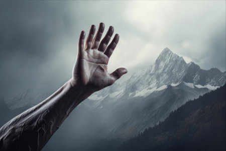 Close up of human hand gesturing against snowy mountain peak in cloudsの素材