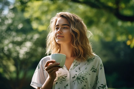 Portrait of a beautiful young woman with cup of coffee in the parkの素材