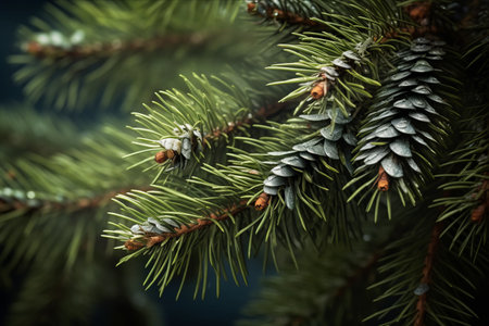 Fir tree branch with cones on dark background. Shallow depth of field.の素材