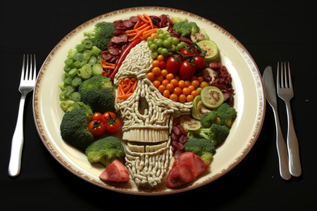 Healthy food for kids on a plate with a skull made of vegetablesの素材
