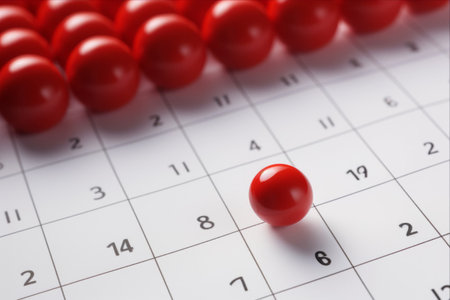 Red ball on calendar, closeup. Time management and planning conceptの素材