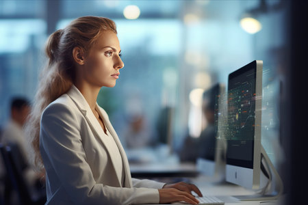 Serious young businesswoman working on computer while sitting at desk in officeの素材