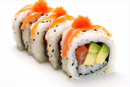 Sushi roll with salmon, avocado and tobiko caviar isolated on white backgroundの素材