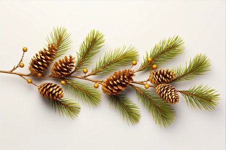 Christmas background with fir tree branches and golden pine cones on white backgroundの素材