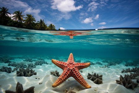 Starfish underwater in the tropical sea with corals and palm treesの素材