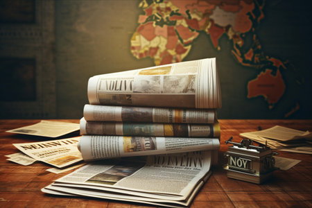 Pile of newspapers on wooden table and world map in background.の素材