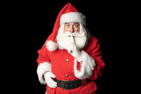 Old elderly man with a beard and gray hair, dressed in traditional Santa Claus costume, asks to be quiet with his finger to his lips. Secret concept.の写真素材