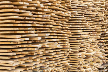 Lumber stacked in a sawmill, filling the background. Stack of new wooden studs at the lumber yard,の写真素材