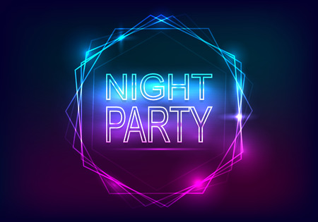 Night Party advertisement template. Neon style with rays of light and a frame of neon Vector illustration.のイラスト素材