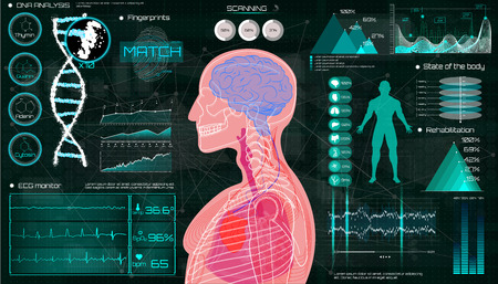 A modern medical interface for monitoring human scanning and analysis, HUD style.のイラスト素材