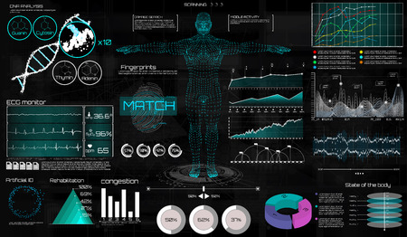 A modern medical interface for monitoring human scanning and analysis, HUD style. Medical infographic HUD. virtual graphic touch UI with illustration of Heart Scan, Human Body and Electrocardiogram.のイラスト素材