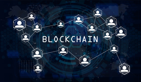 Blockchain Network Concept, World Map Vector Background Illustration, Global Abstract Cryptocurrency Network With Computer Background and The Inscription Blockchainのイラスト素材