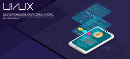 Market Trend Analysis on Smartphone With Graphs in Isometric Flat Design Style. Web Banner on Mobile Stock Trading Concept, Online Trading Forex, Bitcoin. Vector Isometric Flat Style. Bitcoin Dealのイラスト素材