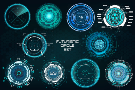 Futuristic Circles, Full color Elements Set. HUD Sci Fi Interfaces (Cockpit Panels, Circulars, Dashboards, Crosshair, Radar) Modern technoloy elements HUD UI. Vector full colors Sci fi interfaces setのイラスト素材