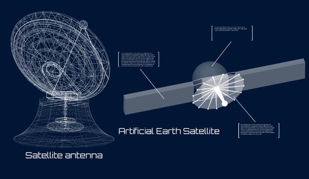 A Satellite Dish is a Dish-Shaped Type of Parabolic Antenna. Communications. Wireframe Vector. Flat 3d Illustration. Wireless Satellite Technology. World Global Net. Vector illustrationのイラスト素材