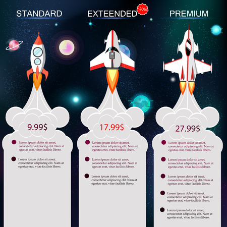 Price list, hosting plans and web boxes banners design. Set of offer tariffs. vector banner for web app. set of pricing table, order, box, button, list with plan for website in flat design. spaceのイラスト素材