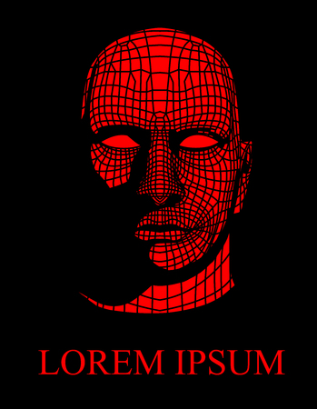Head of the Person from a 3d Grid. Geometric Face Design. Polygonal Covering Skin. 3D vector head from grid vector Illustration. Front view of abstract mesh head on black background. Cyborg concept.のイラスト素材