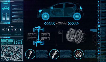 Futuristic user interface. Car service in the style of HUD. Virtual graphical interface Ui HUD Autoscanning, analysis and diagnostics, Abstract vector science. Car auto service infographics.repairのイラスト素材