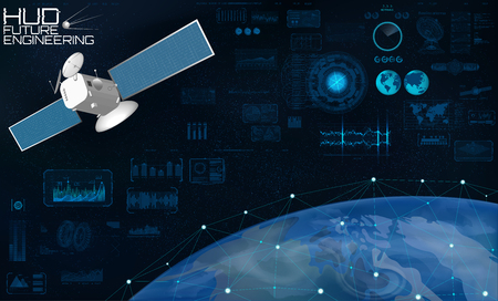 Satellite and Network data exchange over planet earth in Hud style. The concept of Internet connection. Global communication sky-fi in HUD style. Technology Elements Set (data and statistic)のイラスト素材