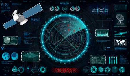 Radar screen and elements interface in HUD style ( Blip, dashboards, dish, circle elements, Satellite and Antenna) Military search system HUD for Game and Gui. Blip Sci-fi elements collection. Vectorのイラスト素材