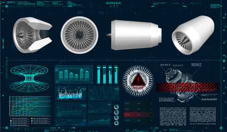 Jet Engine 3d. Scanning in HUD Style. Vector Drawing With Circles and Geometric Parts of The...
