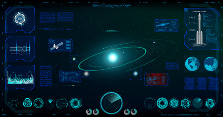 Radar Screen. Futuristic User Interface ( Dashboard, Spaceship, Circle Elements, satellite, Data and Information ) Radar Screen in the HUD Style, Future Vector Illustration Your Designのイラスト素材