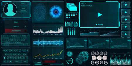 HUD UI for business app. Interface elements (Identity, fingerprint and retina check, statistics and charts and elements interface in HUD style) technology elements vector collectionのイラスト素材