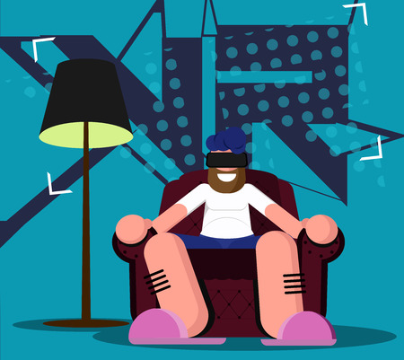 Virtual reality concept illustration. The guy is sitting in a chair with glasses VR in flat style. Behind him the inscription VR (Virtual Reality) Vector illustration cartoon styleのイラスト素材