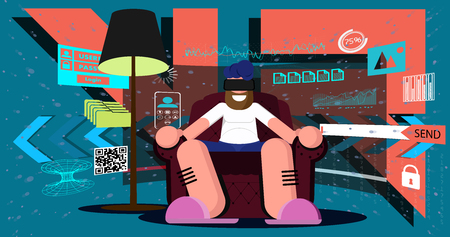 Virtual reality concept illustration. The guy is sitting in a chair with glasses VR in flat style. Behind him the inscription VR (Virtual Reality) and a lot of interfaces, graphs and web elementsのイラスト素材