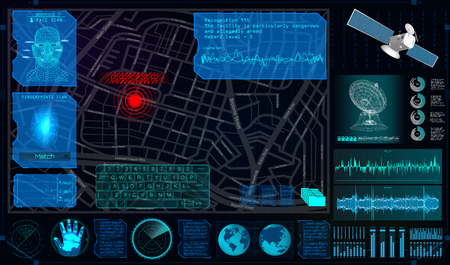Search and Track a Person From Space in the Style of HUD. Search and Recognition on the Map and Demonstration on The Map. Tracking the Program for Espionage. Spyware In HUD Style. Vector Illustrationのイラスト素材